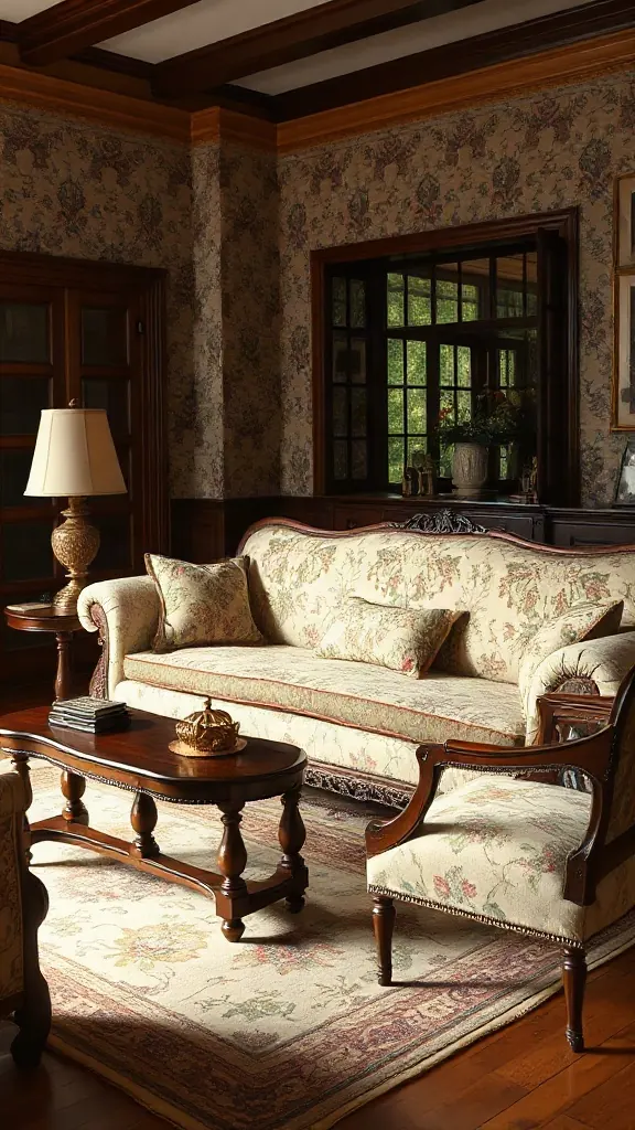 Edwardian Mahogany Parlor Set with Floral blend Traditional living room set displaying an Edwardian mahogany sofa set upholstered in vintage floral blend fabric.
