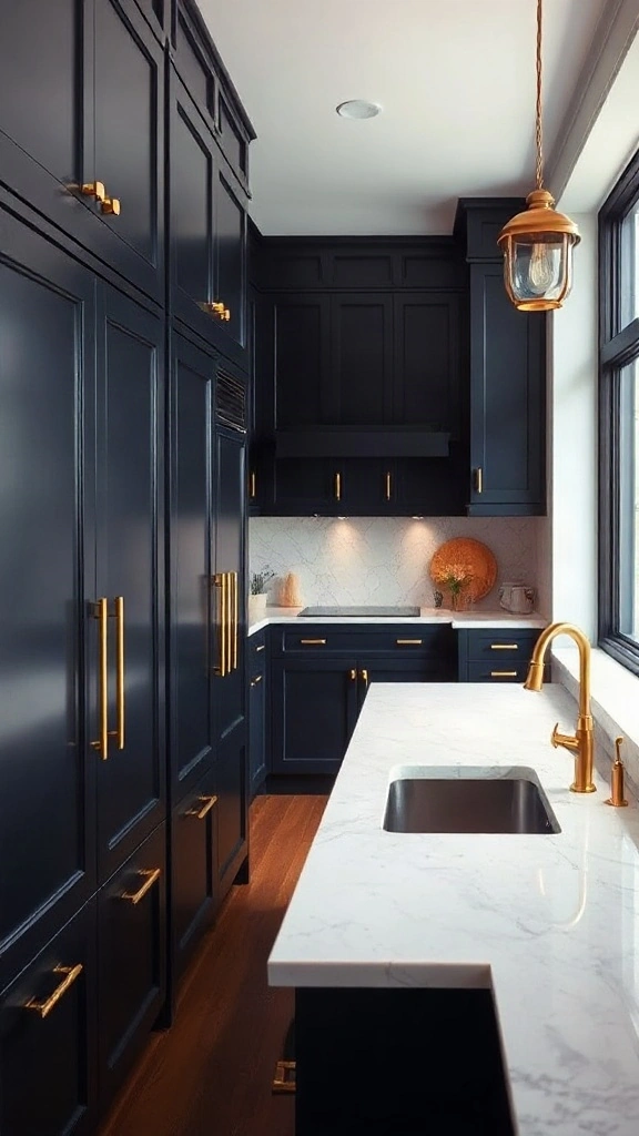 Narrow galley kitchen with navy cabinets, brass hardware, and parallel marble countertops.