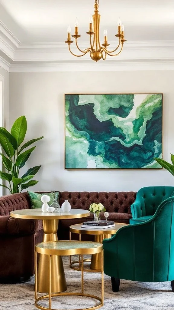 dark brown leather sofa styled with emerald green accents and gold decor