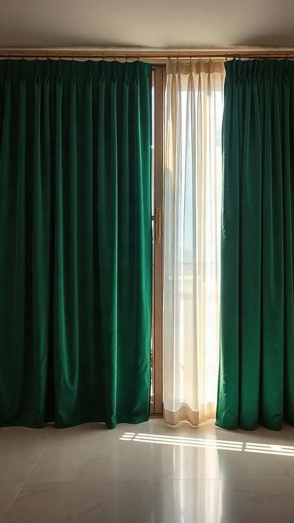 Floor-to-ceiling emerald green velvet curtains with brass hardware.