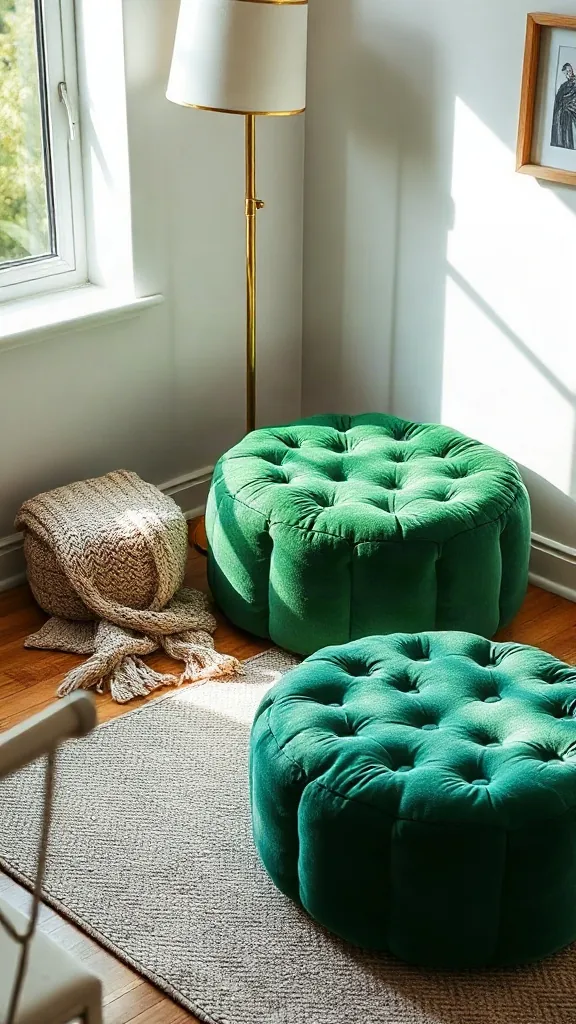 Two emerald green velvet poufs arranged in a cozy corner with a brass lamp and knitted throw.