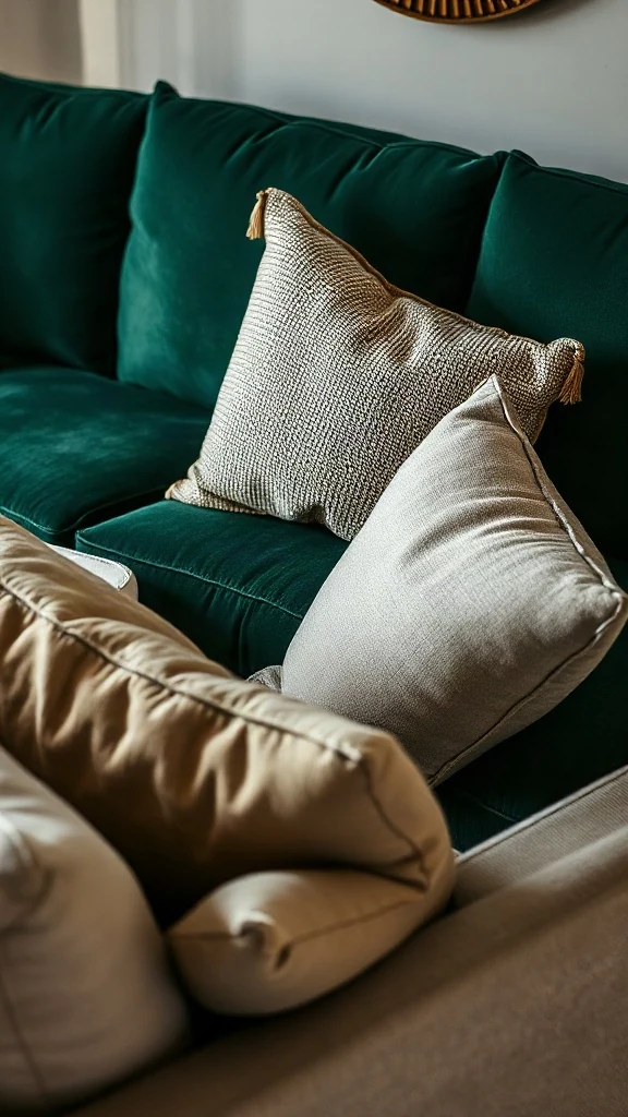 Velvet and Linen Fusion Deep emerald green velvet sofa paired with light gray linen armchair and patterned accent pillows.