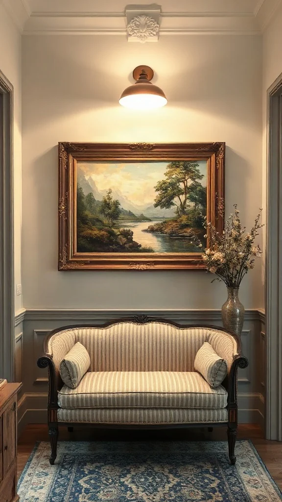 Striped linen English country settee tucked beneath an illuminated landscape painting in an entry.
