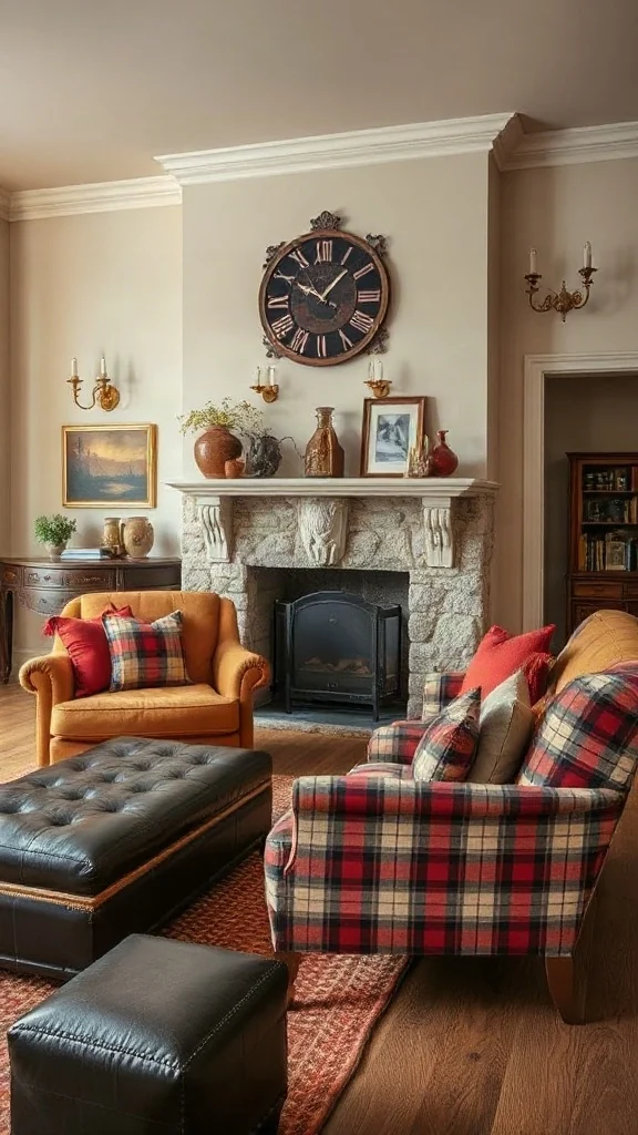 English Roll Arm Sofa with Plaid Accent Chairs Traditional living room set displaying a classic English roll arm sofa in camel leather paired with tartan plaid armchairs.
