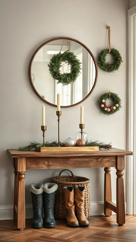 Rustic wooden console table in a foyer styled with a brass tray, sparkling glass ornaments, and tall pillar candles.