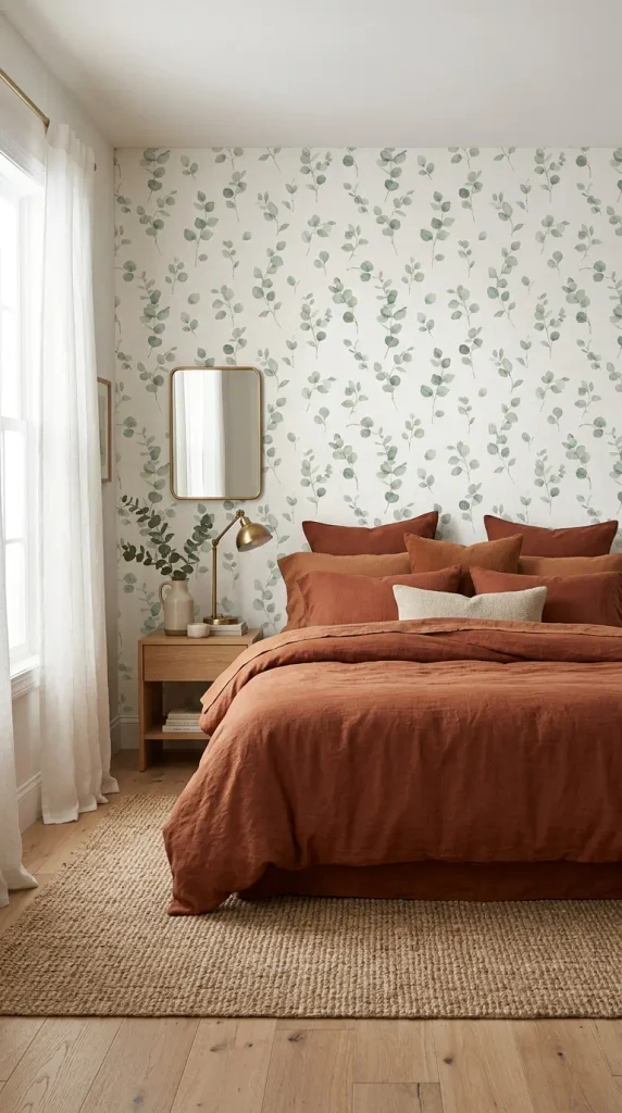 A bedroom headboard wall featuring delicate eucalyptus leaf botanical wallpaper paired with a bed dressed in deep spice-toned rust washed French flax linen.