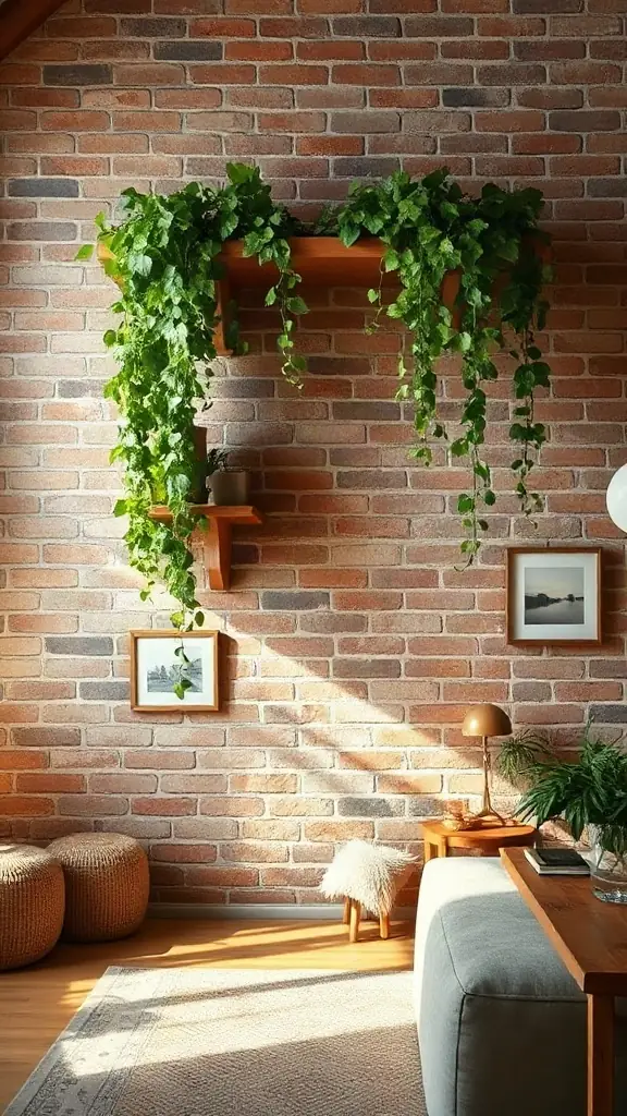 The Exposed Brick and Ivy Backdrop Exposed red brick wall with green ivy trailing down from a floating rustic wooden shelf.