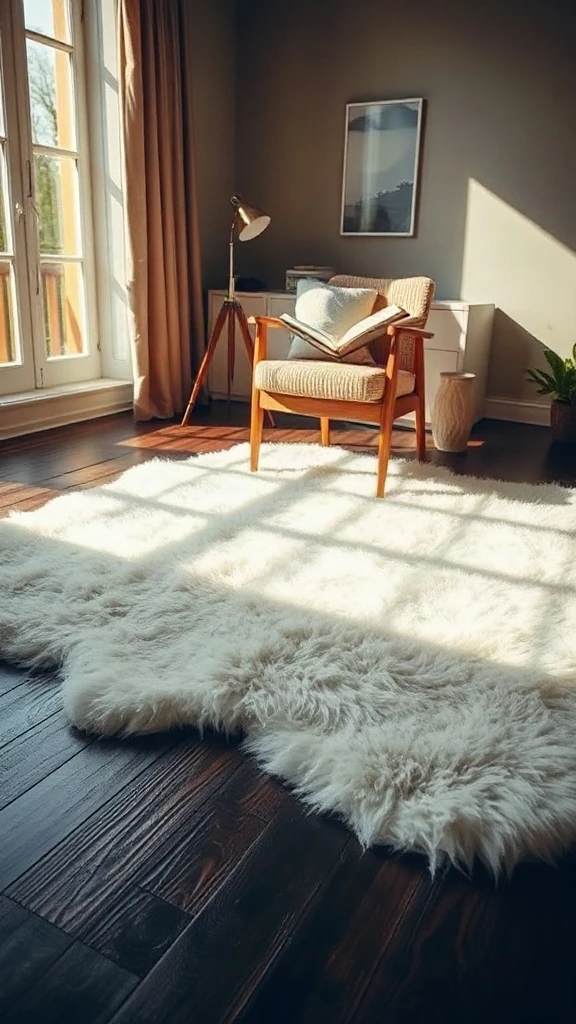 White faux sheepskin rug placed on a dark hardwood floor near a reading chair.