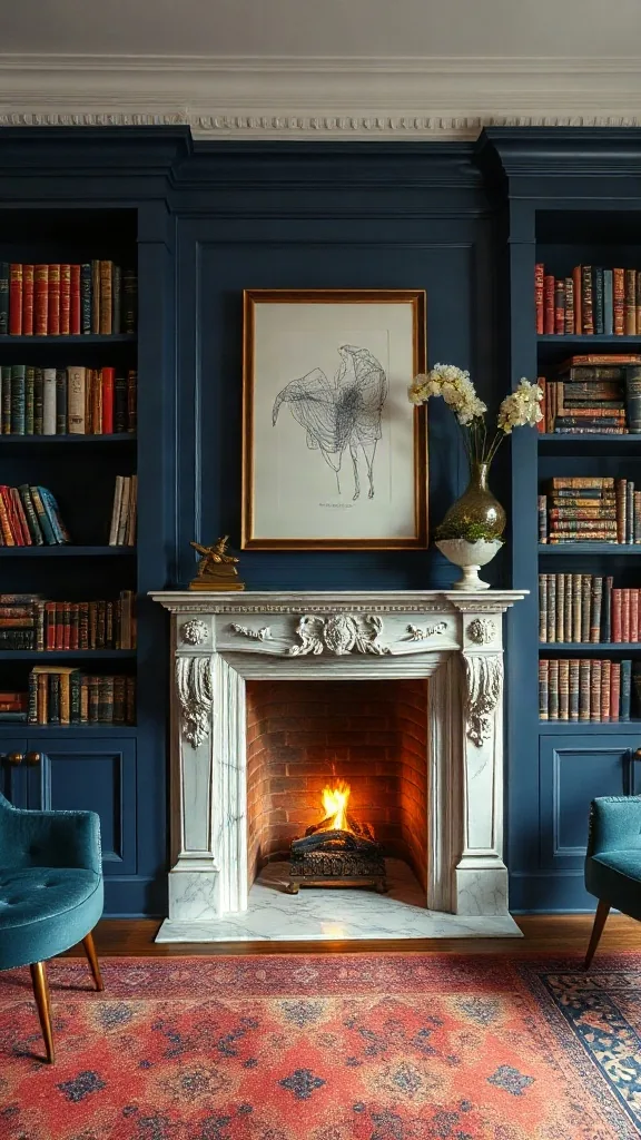 Symmetrical Fireplace-Flanking Built-Ins Deep navy built-in library bookcases flanking a classic carved marble fireplace.