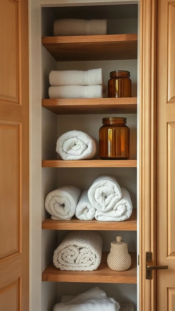Floating Corner Shelves for Vertical Dead Zones Thick white oak floating corner shelves holding rolled Turkish towels and amber glass jars in a linen closet.
