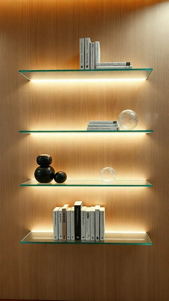 Floating Glass Shelves with Backlighting Tempered glass floating shelves with backlighting against textured walls in modern library.