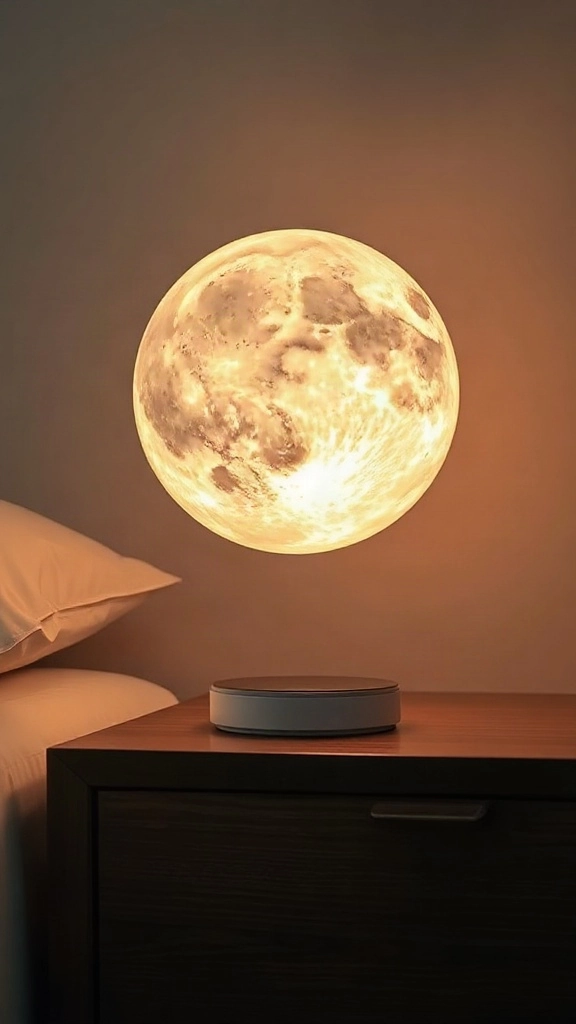 Levitating 3D printed moon lamp glowing with soft light on a dark wooden nightstand.