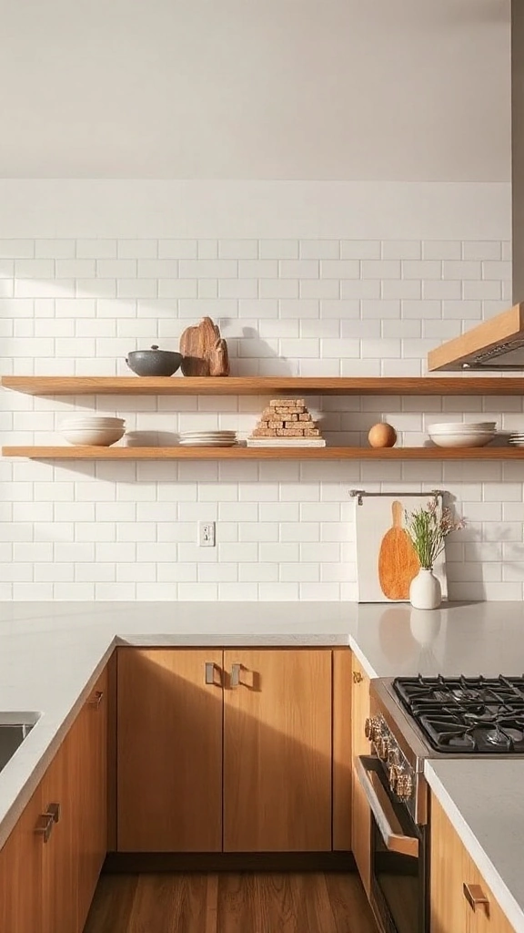 Kitchen with no upper cabinets, only long floating oak shelves against a tiled wall.