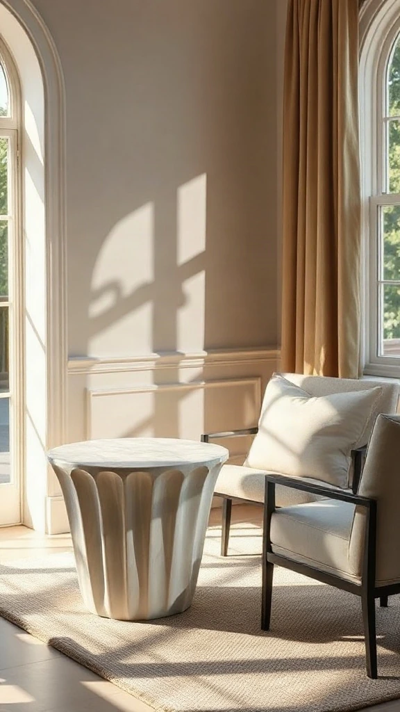 Sculptural monolithic fluted Carrara marble side table paired with a sleek minimalist lounge chair