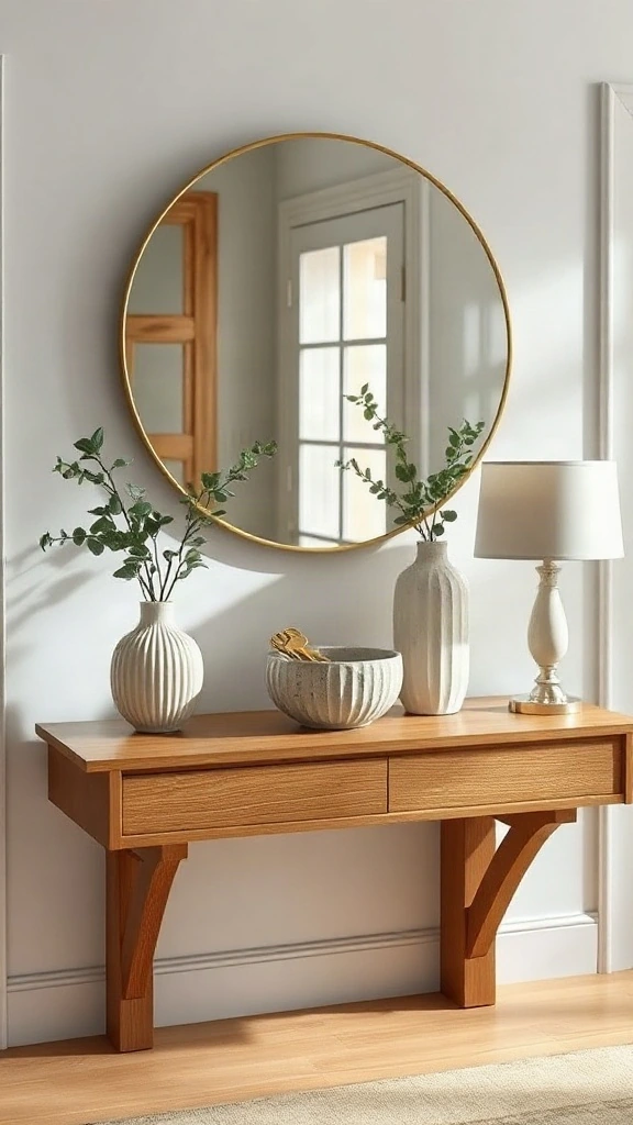 Floating fluted oak console table with an oversized round brass mirror for modern entryway decorations.