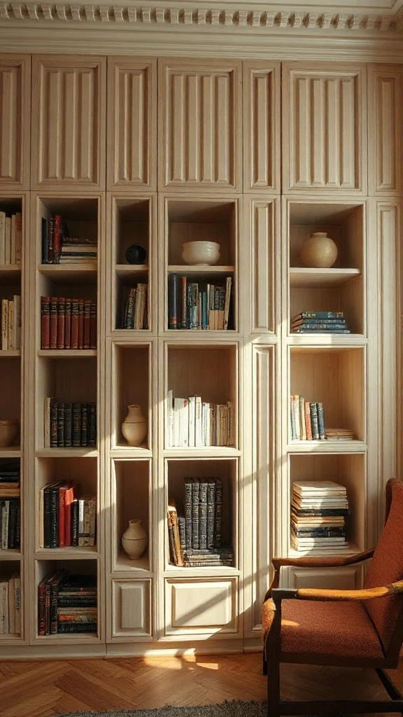 Fluted Wood Accent Wall with Inset Shelves Fluted white ash tambour wall with inset rectangular shelf cubbies and decorative ceramics.