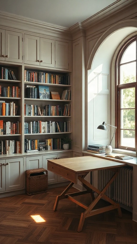 Integrated Fold-Down Secretary Bureau Built-in library unit with open fold-down secretary desk and organized book storage.