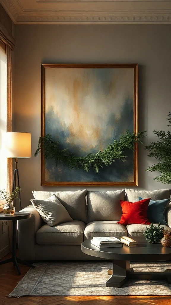 Large framed oil painting accented with a thin pine garland and illuminated by a warm brass picture light.