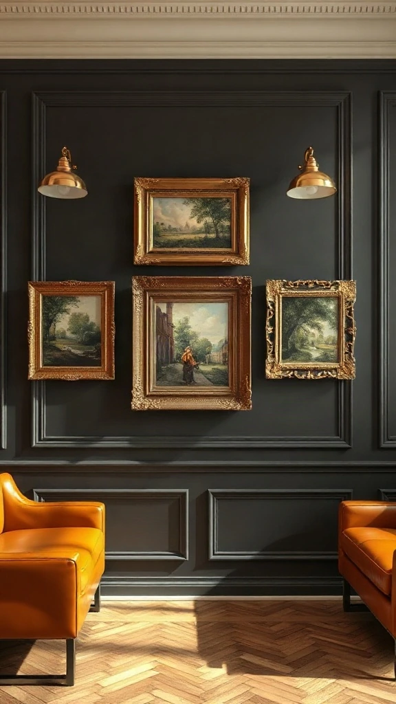 Framed Picture-Molding Gallery Wall Classic picture frame box molding on a matte charcoal wall decorated with vintage framed oil paintings