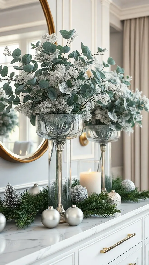 Glass hurricanes on a marble sideboard filled with frosted silver eucalyptus foliage and delicate ornaments.