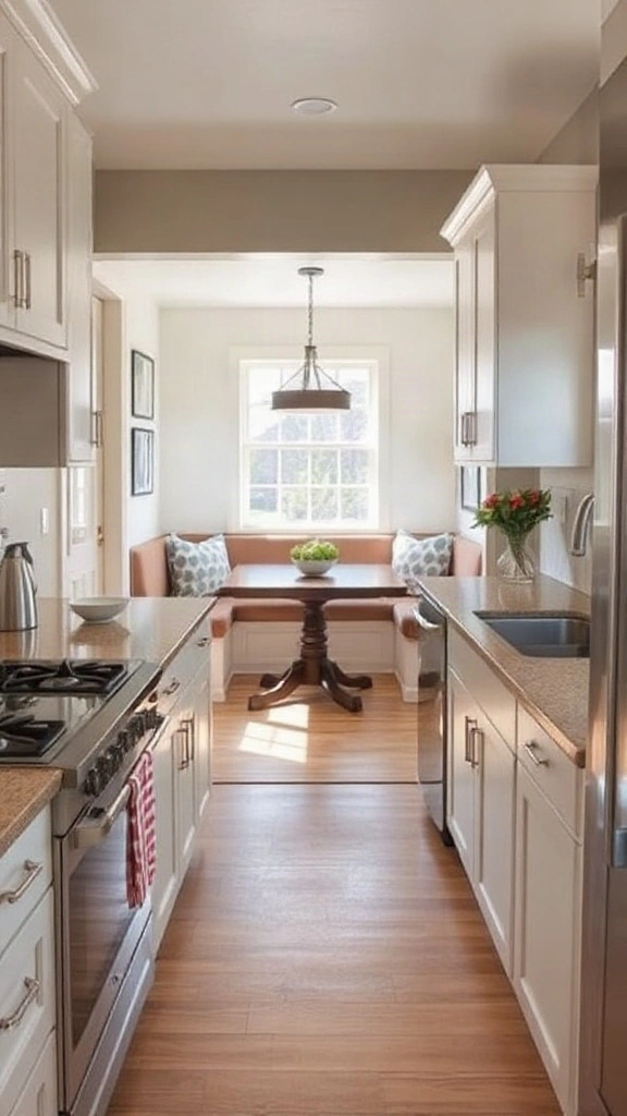 Galley kitchen flowing into a dining nook with a built-in bench.