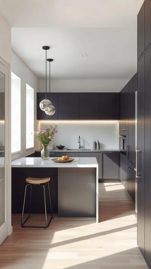 Galley kitchen flowing into a breakfast nook with high-top bar seating.