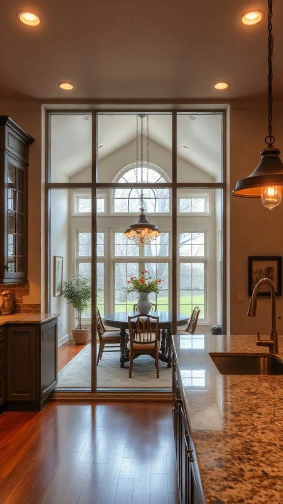 Kitchen with a large window opening into the dining room for serving.