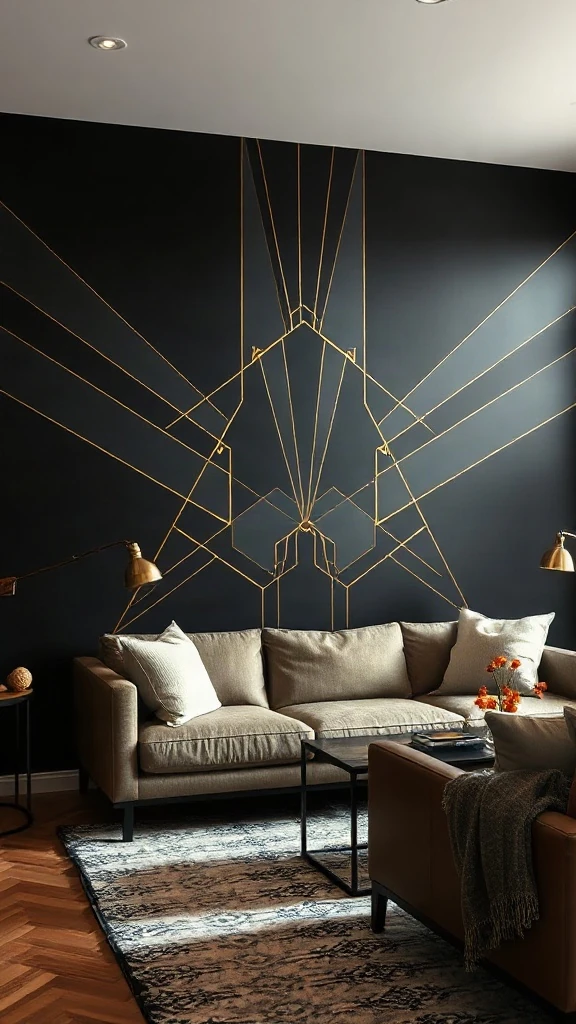 Geometric Brass Inlay on Matte Black MDF Matte black accent wall with thin geometric brass metal inlays forming an asymmetrical Art Deco pattern