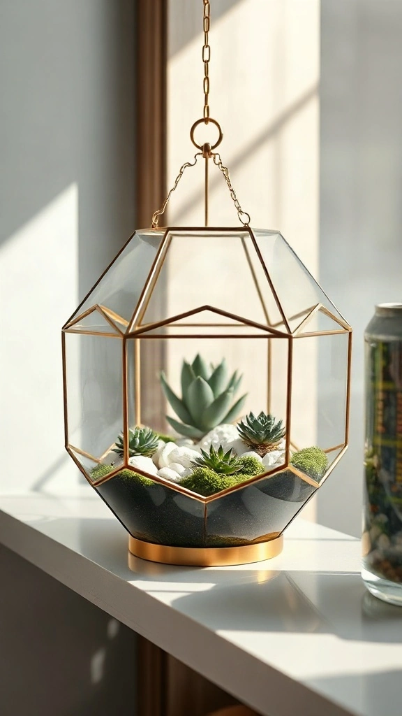 Geometric brass and glass terrarium containing small succulents and pebbles on a shelf.