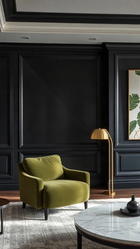 Geometric Molding in Satin Jet Black Dramatic living room showing geometric angular wood molding accent wall painted in deep satin black