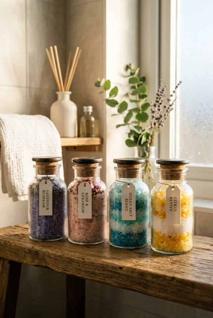 Cozy bathroom aesthetic with glass apothecary jars filled with colorful bath salts on a bathroom shelf for elegant home spa decor.