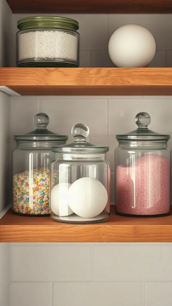 Glass Apothecary Jars for Bath Salts and Bombs Clear glass apothecary jars with glass lids filled with colorful bath salts and bath bombs on a wooden shelf.