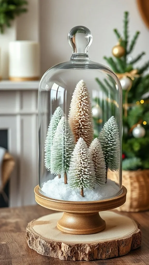 Miniature pastel bottlebrush trees encapsulated under a clear glass cloche dome on a rustic wooden base.