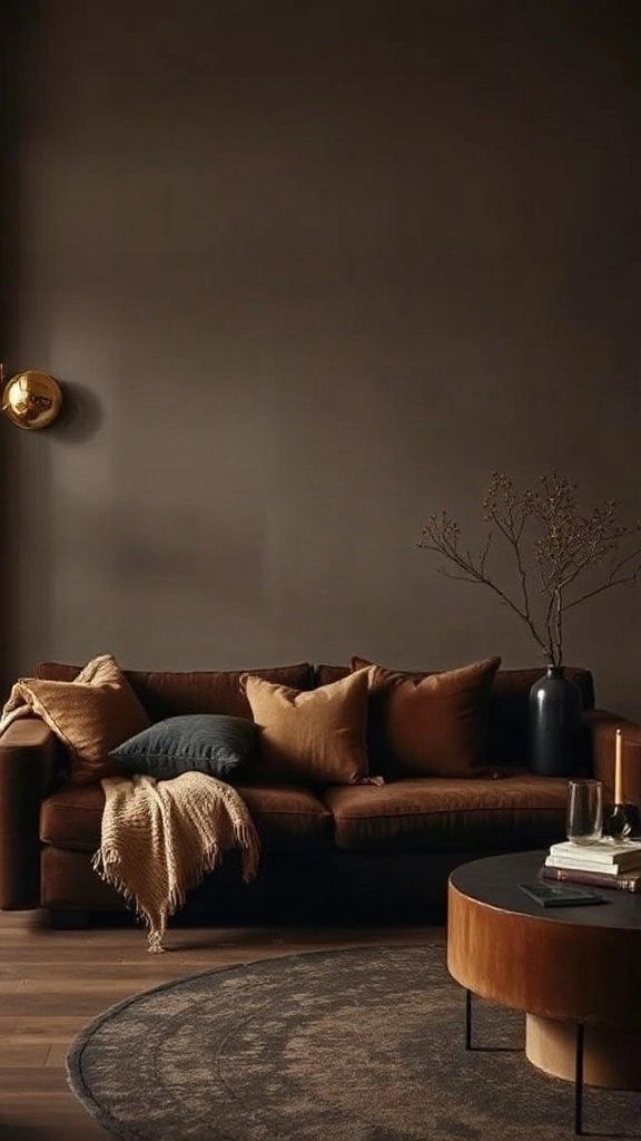 layered brown living room design with mocha walls and textured pillows