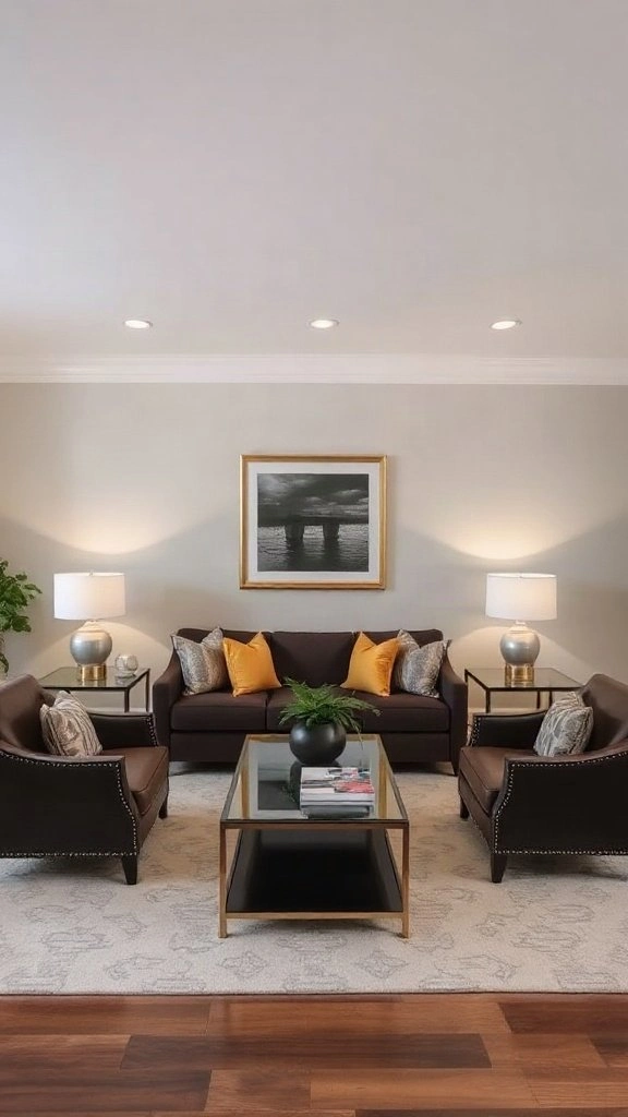 A formal living room layout with symmetrical furniture arrangements and balanced decor for an elegant, sophisticated feel.