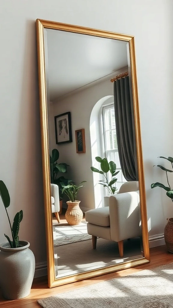 Oversized Leaning Mirrors Tall gold floor mirror leaning against a living room wall reflecting houseplants and cozy seating.