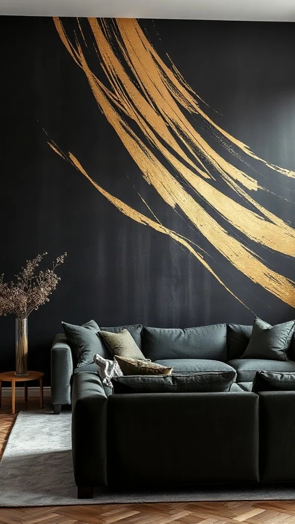 Abstract Gold Leaf and Textured Obsidian Mural Artistic living room with a hand-painted accent wall featuring textured obsidian black and sweeping gold leaf