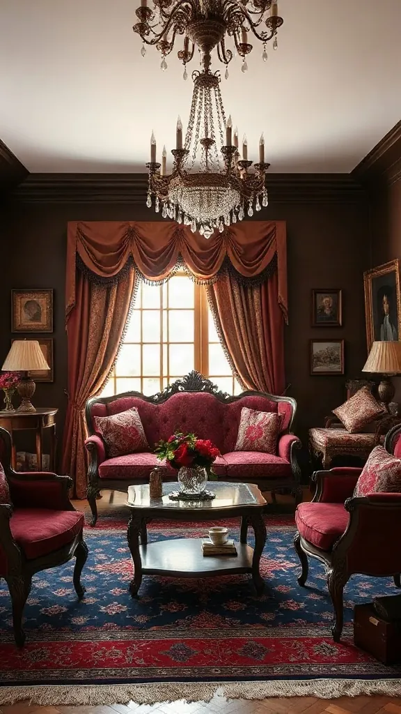 Grand Mahogany Carved Frame Sofa Set Traditional living room set featuring a solid mahogany sofa with intricate hand-carved floral motifs in burgundy damask.