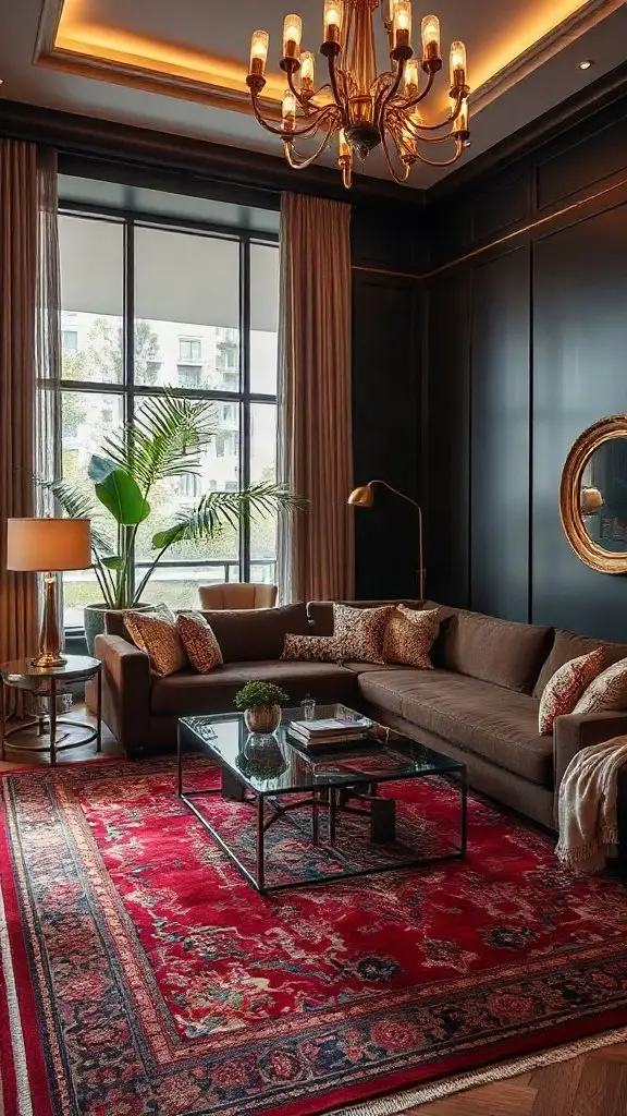 A dark brown living room furniture set anchored by a large patterned area rug that adds warmth and texture to the space.
