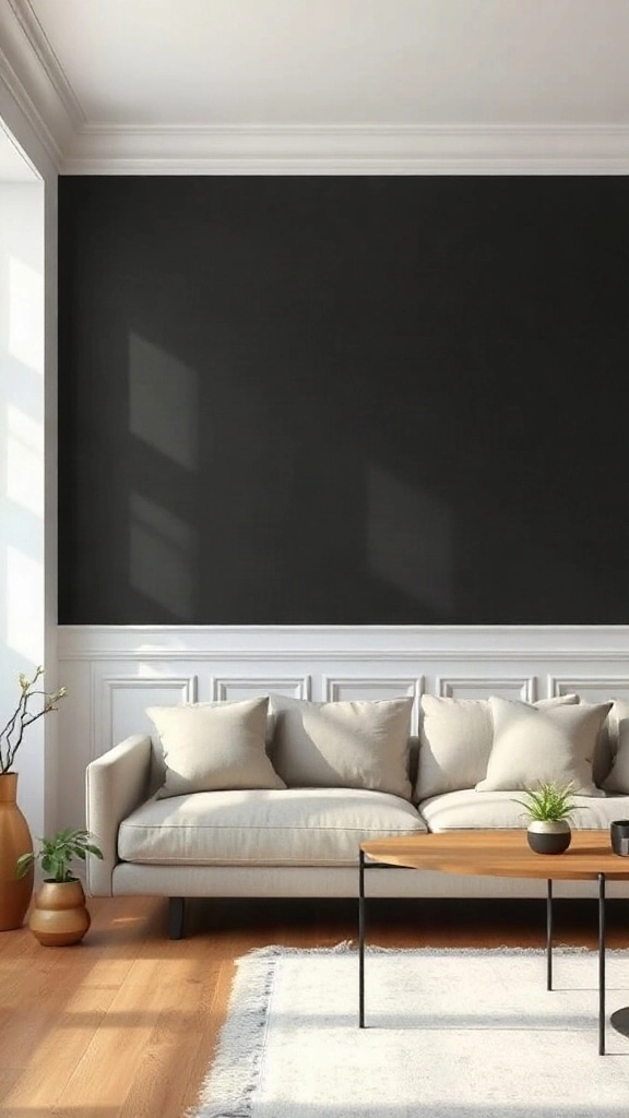 Half-Wall Black Chair Rail Split Modern two-tone living room wall split horizontally with black bottom half and alabaster white top