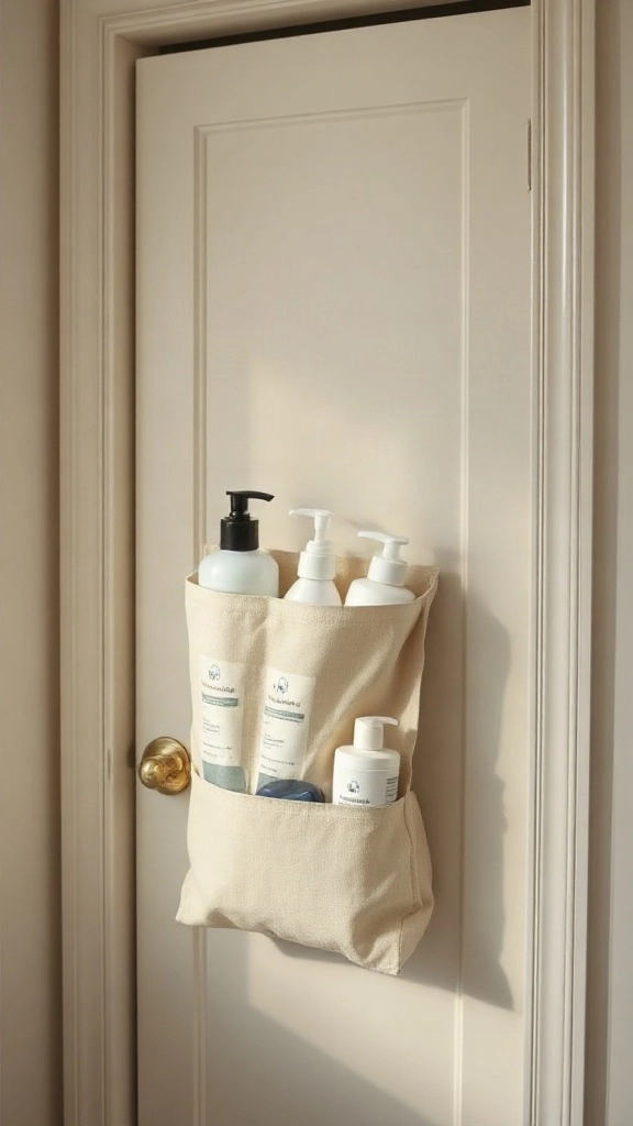 Hanging Canvas Hamper Pockets for Bulk Toiletries Heavy-duty natural canvas pocket hamper hanging on the back of a linen closet door holding bulk toiletries.