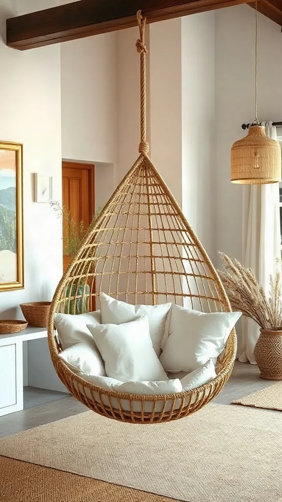 The Floating Rattan Swing Sanctuary Teardrop rattan swing chair with jute rope suspended in a living room filled with plush cushions.