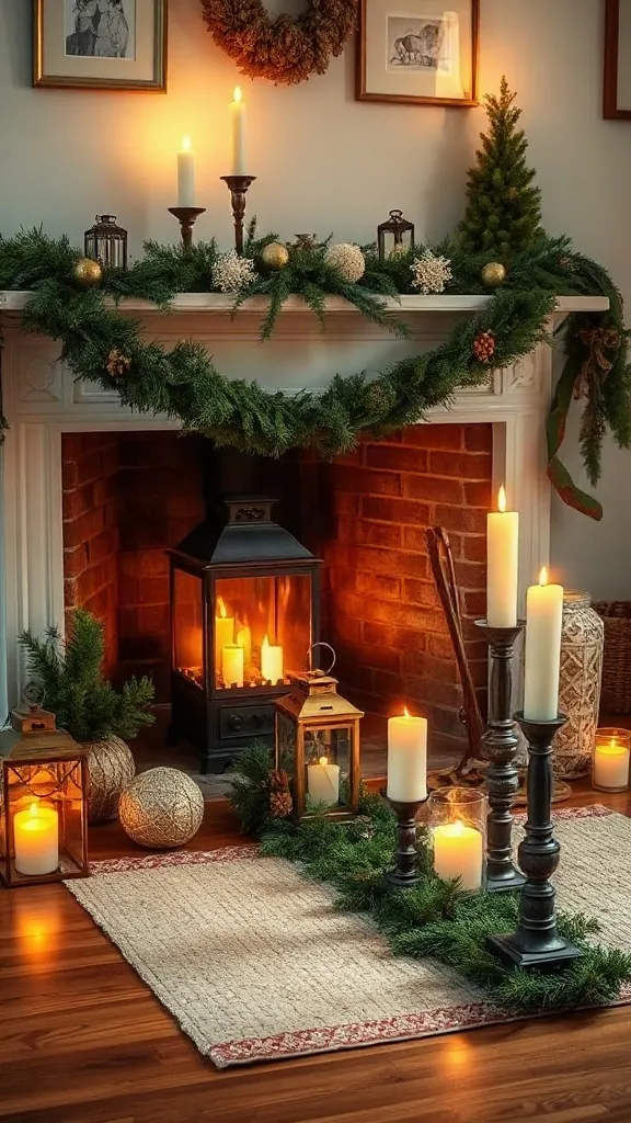 Fireplace hearth floor styled with an asymmetrical cedar runner and staggered vintage brass candle lanterns.