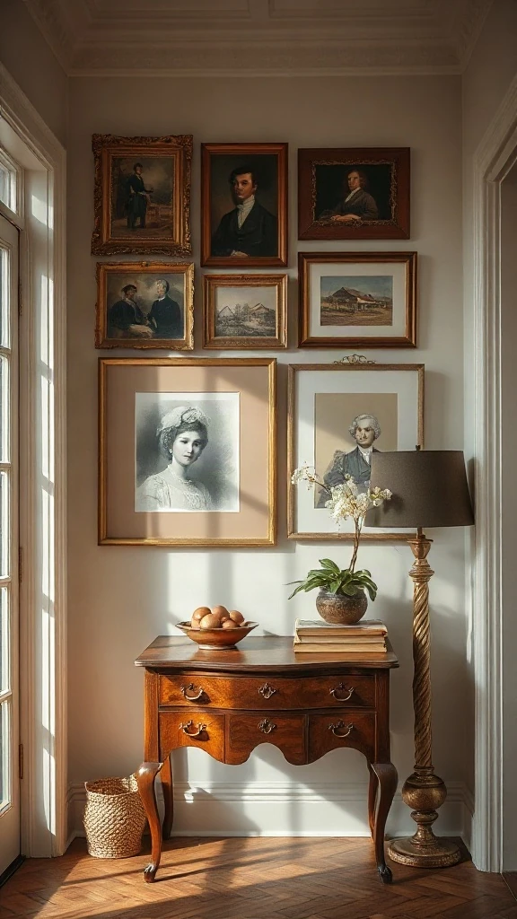 Curated vintage gallery wall above an antique spindle-leg drop-leaf desk in entry decorations.