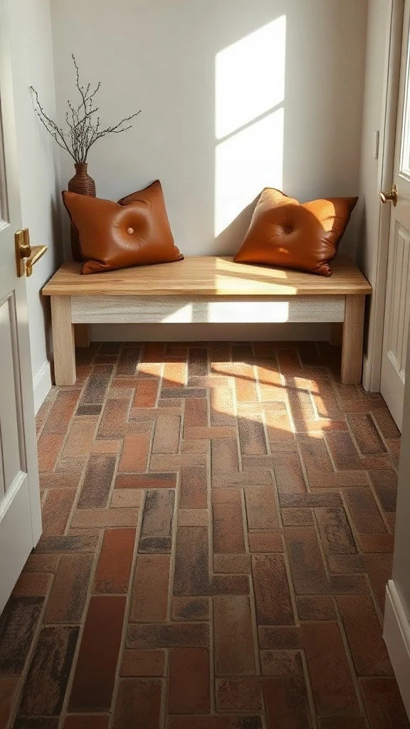 Herringbone brick floor entry with a built-in white oak bench topped by cognac leather cushions.