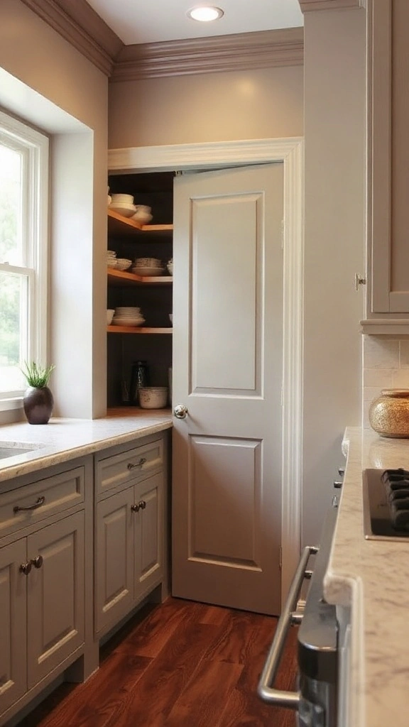 Kitchen corner pantry concealed behind a matching shaker-style cabinet door.