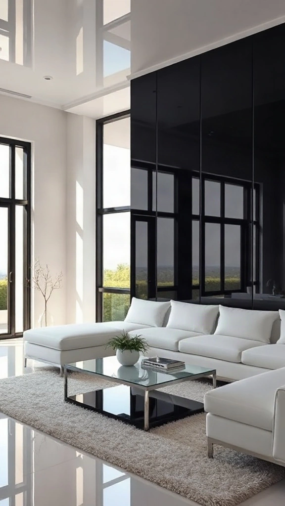 High-Gloss Reflective Black Sheen Ultra high-gloss mirror-like black lacquer accent wall reflecting window light in a contemporary living room