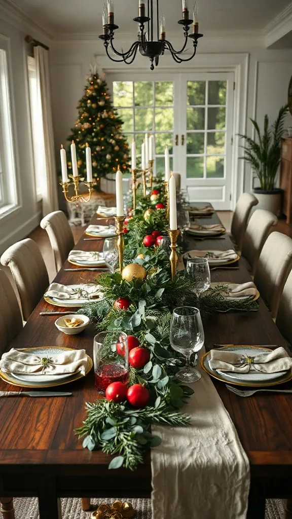 Dark wood dining table decorated with a fresh cedar and eucalyptus garland runner and tall brass taper candles.