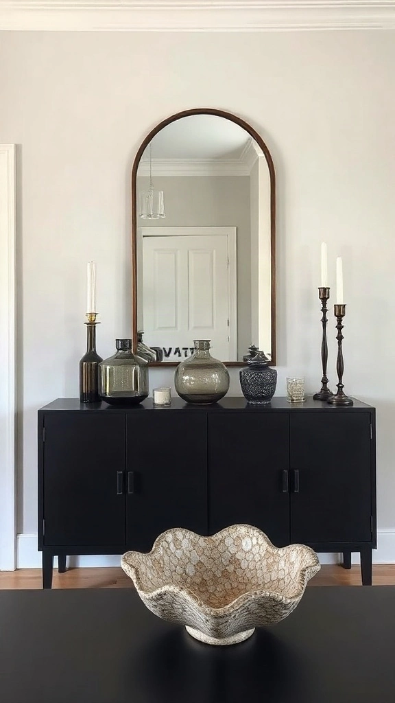 Black iron industrial pipe brackets supporting thick reclaimed pine floating shelves lined with decor