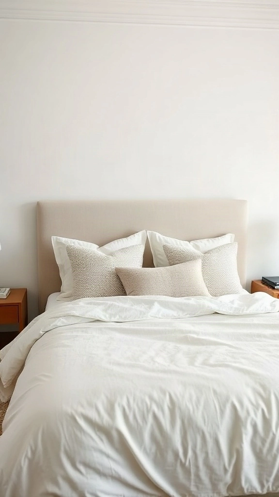 Rumpled washed linen duvet in olive green piled with Euro shams and a waffle weave throw blanket